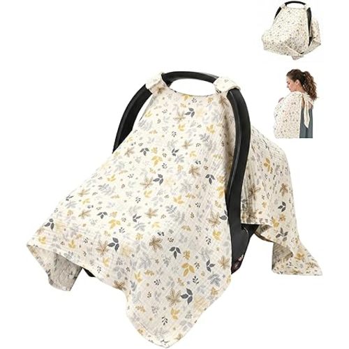 Muslin Car Seat Cover Baby & Nursing Cover, Soft Breathable Infant Carseat Covers for Summer, Windproof Car Seat Canopy for Boys Girls (Leaves)