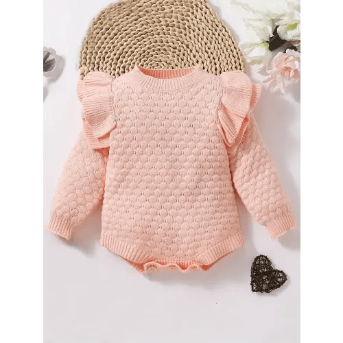 baby girls peach ribbed knit long sleeve romper puff sleeves - Temu