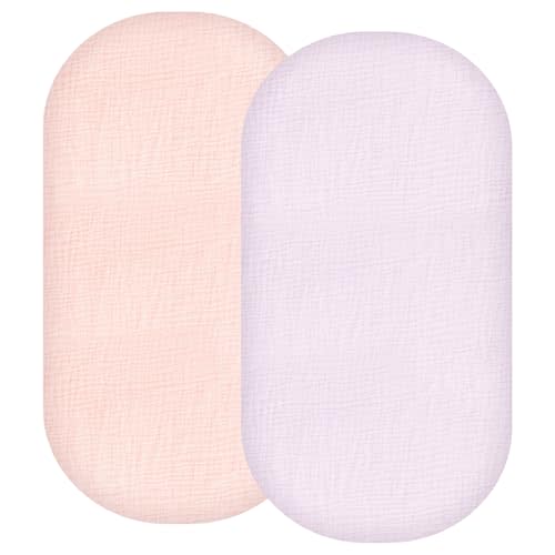 Synrroe 2 Pack Muslin Bassinet Fitted Sheets - 100% Cotton, Fits Oval/Rectangle/Hourglass Bassinet Mattresses, Pink & Purple, Soft Breathable Newborn Baby Bassinet Sheets