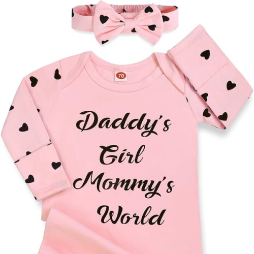 Newborn Baby Girl Gown 0-6 Months, Baby Girl Nightgowns, Babies Girls Gift, Little Sister Newborn Outfit and Coming Home Outfits with Headband Set Pink