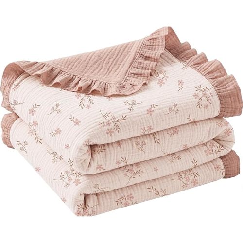 Konssy Flounce Muslin Baby Blanket for Girls Boys 47 x 47 Inches, 100% Cotton Soft Crib Swaddle Blankets, Reversible & Breathable Nursery Bedding for Newborns Toddlers(Petal Dream)