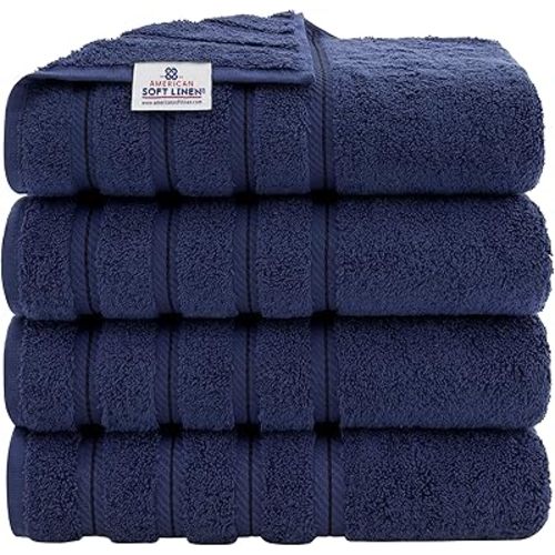 American Soft Linen Luxury 4 Piece Bath Towel Set, 600 GSM 100% Cotton Turkish Bath Towels for Bathroom, 27x54 in Extra Large Bathroom Shower Towels, Navy Blue