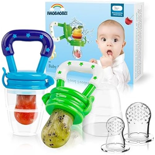 Baby Fruit Feeder/Food Feeder Pacifier for Babies (2 Pack) - HAOBAOBEI Mesh Teethers for Babies, Infant Teething Toy in Appetite Stimulating Colors, Bonus Includes 3 Sizes Silicone Pouches