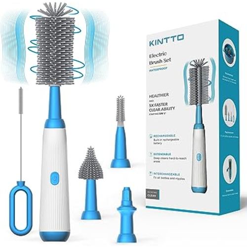 KINTTO Upgraded Electric Bottle Brush Cleaner Set, Baby Bottle Brush Cleaning with Rechargeable，Waterproof Replaceable 2 Nipple and Straw Silicone Brush，Gift for Pregnant Women and New Moms (Blue)