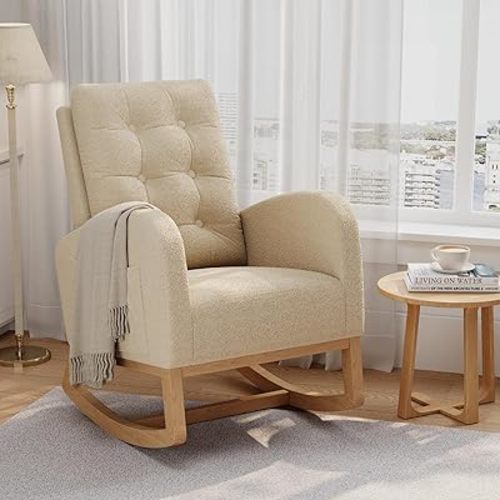 GarveeHome Nursery Rocking Chair, Teddy Fleece Upholstery, Sturdy Wooden Legs & High Backrest, Comfortable Glider Rocking Chair for Living Room or Bedroom, Light Brown