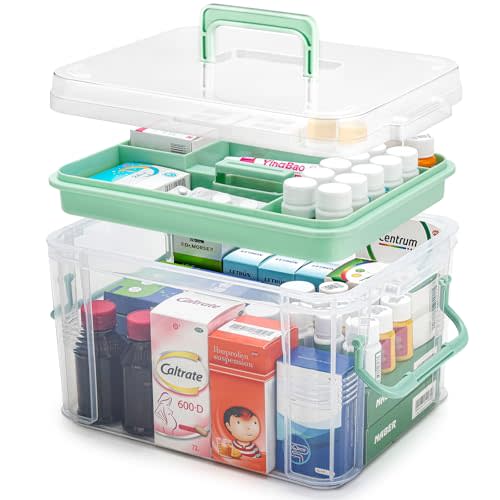 15QT Clear Medicine Organizer Storage Box with Handle & Tray - Thickened Plastic Empty First Aid Box, Multipurpose Medical Container with Lids/Labels, Medication Caddy for Home, Baby, Elderly, Dorm