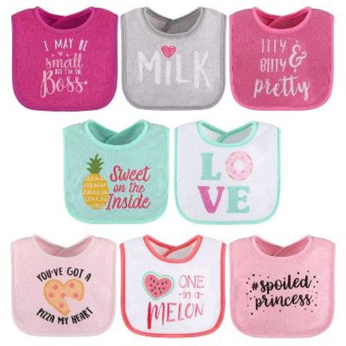 The Peanutshell Terry Cotton Baby Bibs for Girls, 8-Pack, Pink/White