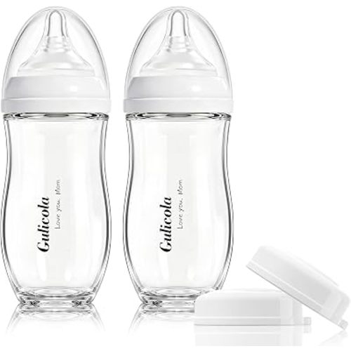 Gulicola Natural Glass Baby Bottle for Breastfed Babies, Anti-Colic Baby Bottle Set with Medium Flow Nipple, 3 Months +, 8 oz, 2 Pack - White