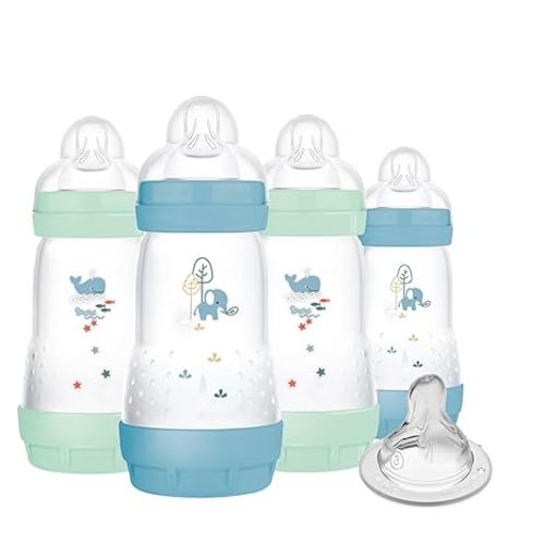 MAM 9oz Easy Start Anti-Colic Baby Bottles, Medium Flow with Bonus Fast Flow Nipple, Breastfeeding-Like Silicone, Reduces Colic and Gas, Easy-to-Clean, BPA-Free, 2 Plus Months