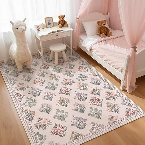 Wonnitar Pink Rugs for Bedroom Girls Nursery, Floral Print 5x7 Washable Rug, Boho Ultra-Thin Non Slip Soft Cozy Carpet for Room Decor Kids Playroom Office Living Room, Pale Pink
