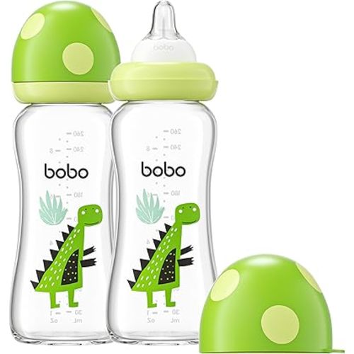 YOHKOH Natural Glass Baby Bottle with Level 2 Medium Flow Nipple, Newborn Anti-Colic Baby Bottles, Wide Neck Mushroom Baby Glass Bottle (8.8ounce (Pack of 4), Green2)