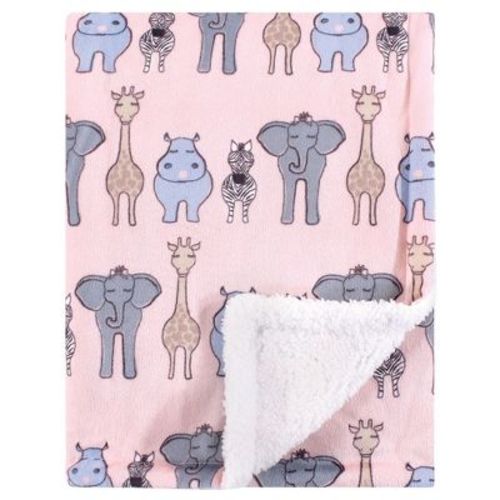 Hudson Baby Infant Girl Plush Blanket with Faux Shearling Back, Pink Safari, One Size