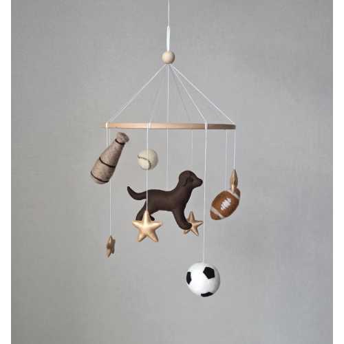 Labradors baby nursery mobile with Sports elements, Vintage baseball, baseballs, stars and a bat mobile, The best gift for baby shower.