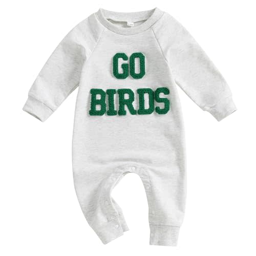 DSOKUHIB Baby Boy Girl Football Outfit Go Birds Embroidered Romper Long Sleeve Crewneck Jumpsuit Newborn Fall Winter Outfit