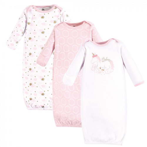 Yoga Sprout Baby Girl Cotton Long-Sleeve Gowns 3pk, Unicorn, Preemie