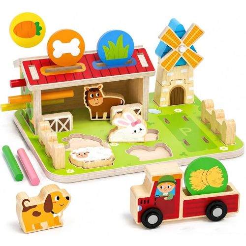 Wooden Farm Animal Puzzle for Toddlers 1-3, Montessori Shape Sorter Color Matching Coin Drop Fine Motor Skills Toy, Educational Learning Gift for Boys Girls