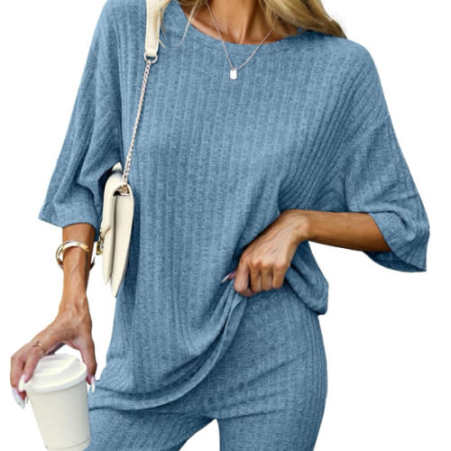 Ekouaer Pajamas 2 Piece Lounge Sets Ribbed Knit Matching Outfits T-shirt Biker Shorts Sleepwear Loungewear Sweatsuits