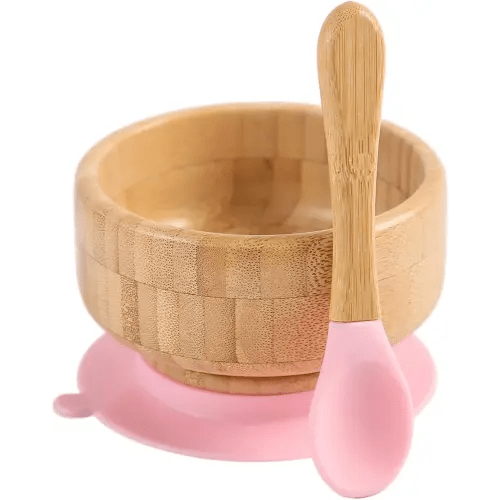 Baby Bamboo Bowls with Suction and Matching Spoon Set,2PC Feeding Supplies Set for Infant, Toddlers,Detachable Silicone Suction Stay Put Base for Wooden Bowl （Pink）