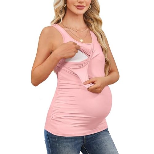OUGES 2026 Womens Maternity Nursing Tank Tops Summer Scoop Neck Ruched Side Sleeveless Maternity Shirts Pregnancy Clothes