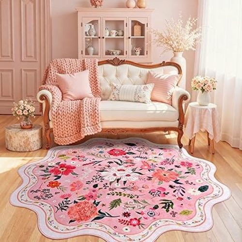 Macgace Pink Round Rug for Girls Bedroom, 5ft Machine Washable Floral Area Rugs with Non Slip Backing, Cute Flower Carpet Kitchen Living Room Kids Playroom Decor
