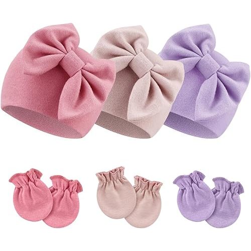 BQUBO Newborn Girls Hats Baby Hat and Mittens Set Infant Caps Bow Hospital Beanie with No Scratch Mittens for Baby Boys Girls