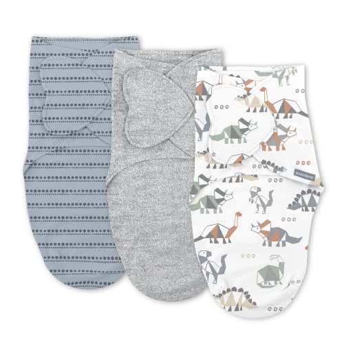 SwaddleMe by Ingenuity Monogram Collection Baby Swaddle Blanket, Dino Mite | 100% Cotton, Improves Sleep & Calms Startle Reflex, 0-3 Months (7-14 lbs), Fold Design for Easy Changes, 1.0 TOG, 3-Pack