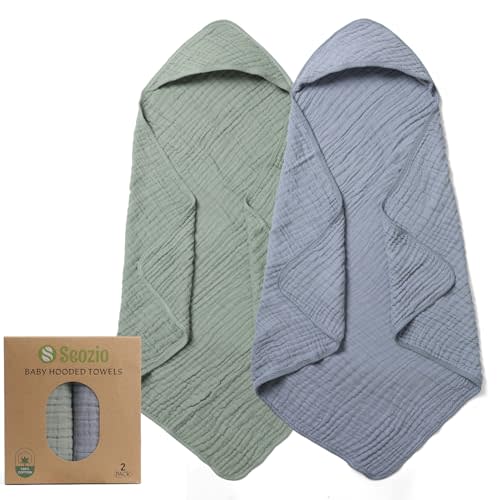 Seozio Hooded Baby Bath Towels for Newborn, 2 Pack 100% Cotton 32x32Inch Baby Bath Towel with Hood for Babies, Infant, Toddler and Kids, Soft and Absorbent Newborn Essential (Green and Grey)