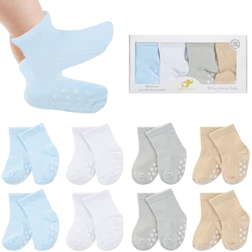 BEBE FAVOUR 8 Pairs Baby Socks with Grips Cotton Non Slip Walking Socks Cute Gifts for Newborn Infant Girl Boy