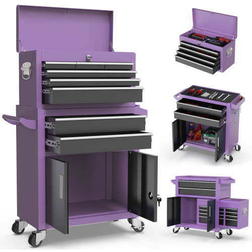 2-IN-1 Rolling Tool Chest, Stainless Steel Tool Organizer Box Hidden Set, Tool Storage On Wheels W/ 8 Sliding Drawers for Workshop Garage Studio Hair-Salon, Purple