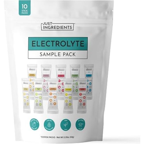 JUST INGREDIENTS Electrolyte Sample Pack 10 Stick Variety | Hydration Powder Packets | Real Fruit Electrolytes | 3:1 Potassium to Sodium Ratio | No Sugar Added | Travel Drink Mix