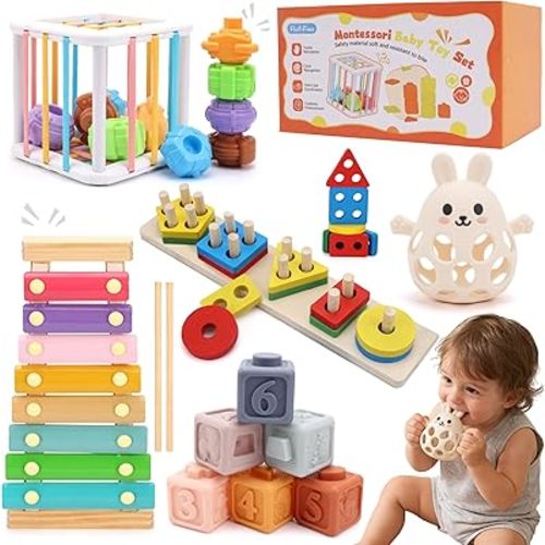 Baby Toys for 6-18 Months, 5-in-1 Montessori Educational Toy Set with Soft Teething Toy Stacking Blocks Rings Sensory Bin, Sorting Sensory Educational Learning Gift for Toddlers Aged 1-3