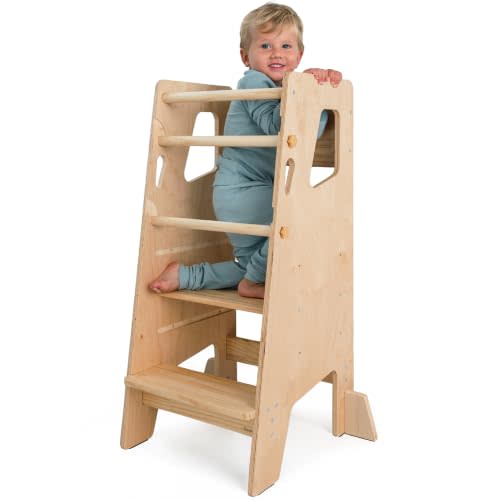 Toddler Standing Tower with 3 Safety Bars - Kitchen Stool Helper, Varnished | Non-slip strips for the steps and padded support feet for stability and confidence at the kitchen counter and bathroom sink