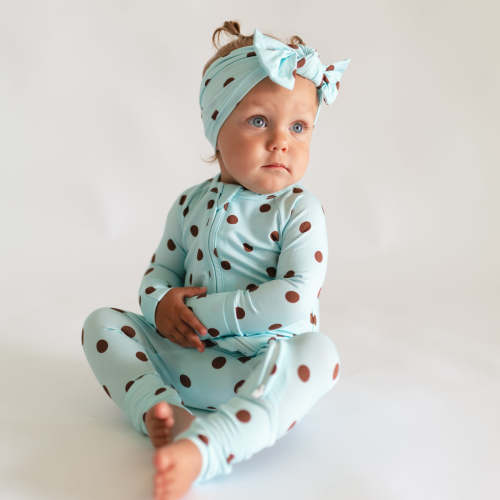 Infant Romper in Blue & Brown Polka Dot