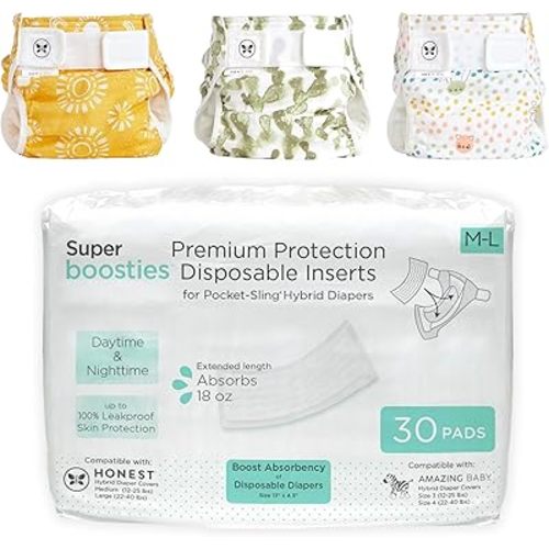 Super Boosties + Honest Hybrid Cloth Diaper Cover with Pocket-Sling, Medium (12-25 lbs), Stops Nighttime Leaks, Boosties Disposable Diaper Inserts, Honest Cotton Muslin Covers, 3 Pack, Starter Kit
