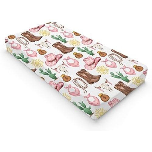 Western Cowgirl Baby Changing Pad Cover for Boys & Girls 32''x16'' Desert Cowboy Hat Boot Sun Cactus Unisex Fitted Changing Table Mats Sheets Soft Breathable Cradle & Bassinet Sheets Pink