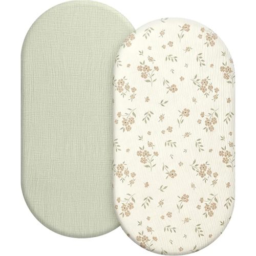 Organic Baby Bassinet Sheets 2 Pack 33”x17” 100% Muslin Cotton for Baby Girl Boy, Soft Fitted Mattress Pad Cover Compatible with Halo BassiNest Swivel Sleeper, Graco, Baby Delight, Chicco, Angelbliss