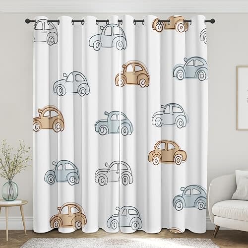 Retro Cars Kids Curtains for Boys Bedroom, Hand Drawn Cartoon Blackout Curtains 63 Inches Long, Thermal Insulated Window Drapes for Nursery & Room Decor 42Wx63L