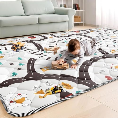 Palopalo 74x50 Foam Baby Floor Play Mat with Train Track Design - 0.8in Thick Cushioning Playmat for Safety, Non-Slip Playpen Mat for Infants & Toddlers, Perfect for Sensory & Motor Skill Development