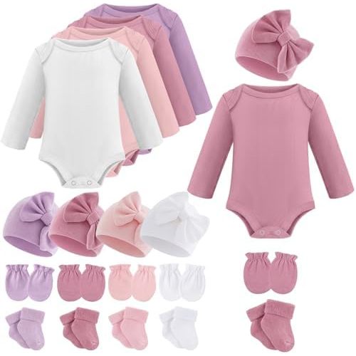 Liitrsh 4 Set Preemie Layette Bodysuit Long Sleeve Outfit Clothes Hat Mittens Socks for Nicu Premature Baby Boys Girls Gifts
