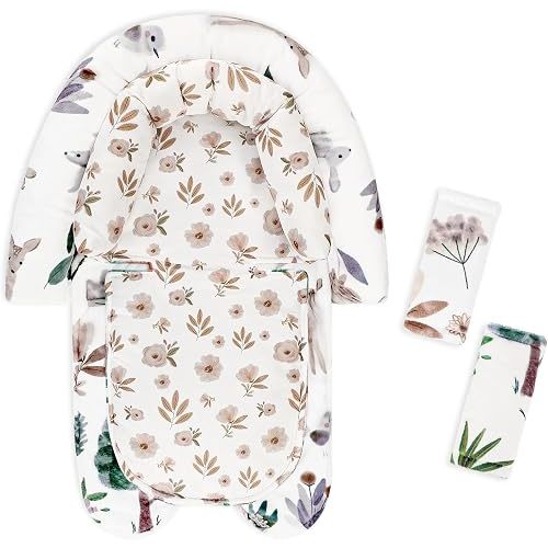 2-in-1 Infant Car Seat Insert, Upgraded Newborn Carseat Insert, Breathable & Soft Baby Car Seat Head Support with 2 Strap Covers for Girls, Perfect for Carseat, Stroller, Swing, White Animals