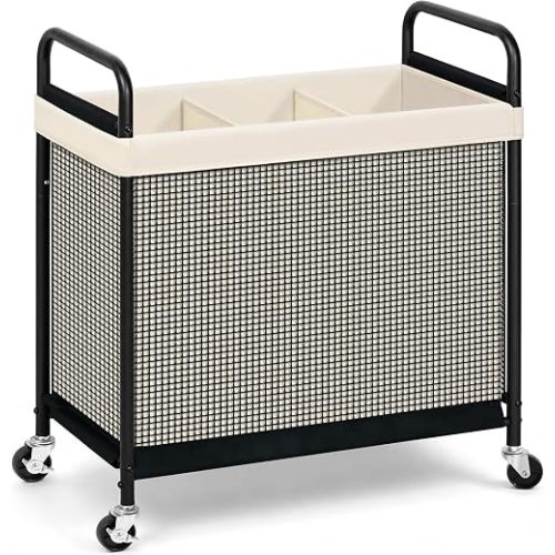 STORAGE MANIAC Rolling Laundry Hamper with Wheels 3-Section Laundry Sorter Rolling Laundrys Basket on Wheels with Removable Bag Clothes Hamper Laundrys Organizer Cart Bathroom Bedroom 120L Beige