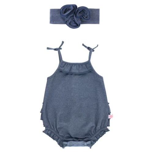 Denim Look Bubble Romper & Head Wrap Set