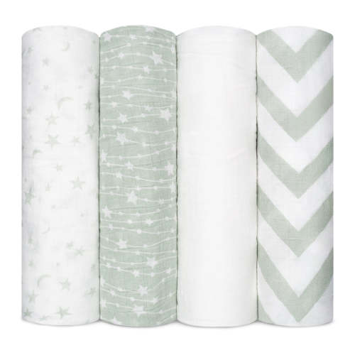 Muslin Swaddle Blankets in Green, 4 Pack