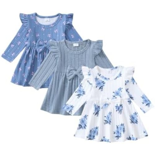Toddler Baby Girl Dress Clothes 3-Pack Cute Bow Fly Sleeve Dresses