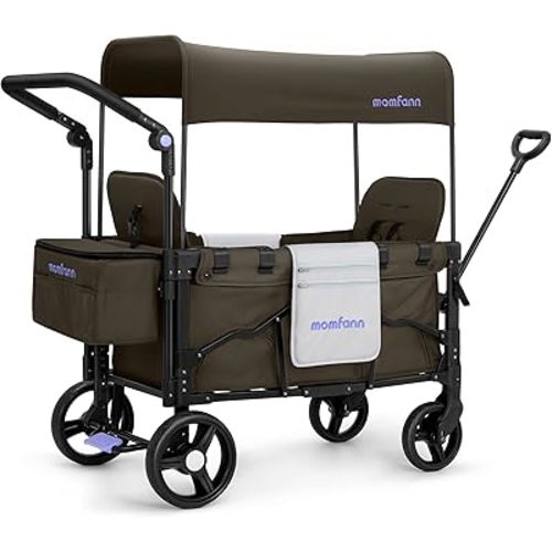 Stroller Wagon for 2 Kids, Baby Wagon Stroller with Adjustable Handle for Infants and Toddlers Includes Canopy & Organizer, Foldable and Convenient for Storage, Brown