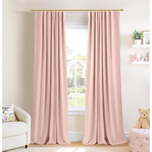 INOVADAY 100% Blackout Curtains for Bedroom, Black Out Curtains 96 Inch Long, Clip Rings Linen Blackout Drapes, Thermal Insulated Room Darkening for Living Room, 2 Panels - Blush Pink,W50xL96