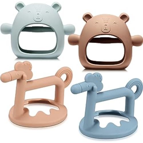 4 Pieces Silicone Teething Toys Bear Baby Teether Toy Anti Dropping Horse Teething Pacifier Baby Chew Toys Chewable Hand Teethers for Sucking Chewing Needs Pain Relief Gifts (Blue, Caramel, Pink)