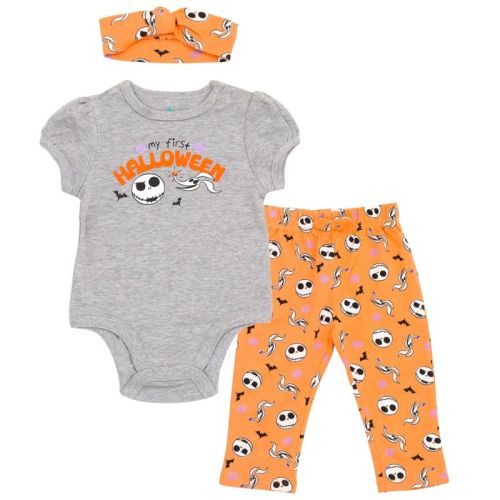 Disney Nightmare Before Christmas Halloween Newborn Baby Girls Bodysuit, Pants and Headband 3 Piece Outfit Set Gray / Orange 6-9 Months