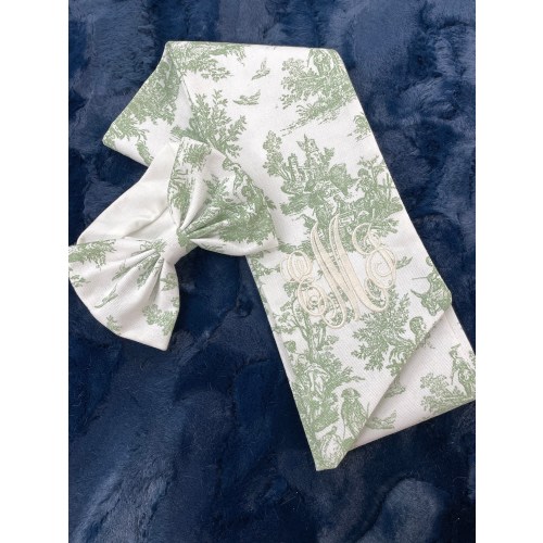Monogrammed Newborn Baby Green Toile Bow Sash, Maternity Photo Prop, Monogrammed Newborn Wrap, Baby Photo Prop, Big Bow