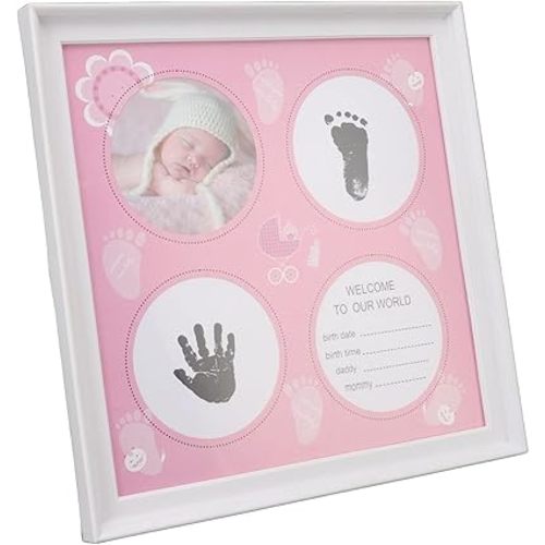 HEEPDD Picture Frame Baby Handprint Footprint Kit, Plastic Frame, Newborn Memory Keepsake, 11.4x11.4x0.7 Inch, Includes Photo, Ink Pad, Imprint Cards Nan Daily Decoration (Pink)